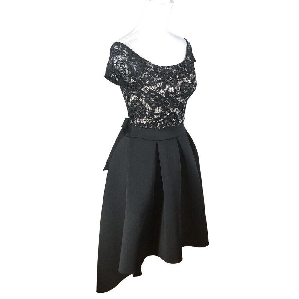 January 7 Black High Low Dress Large Lace Overlay Bodice Pleated Full Skirt Prom